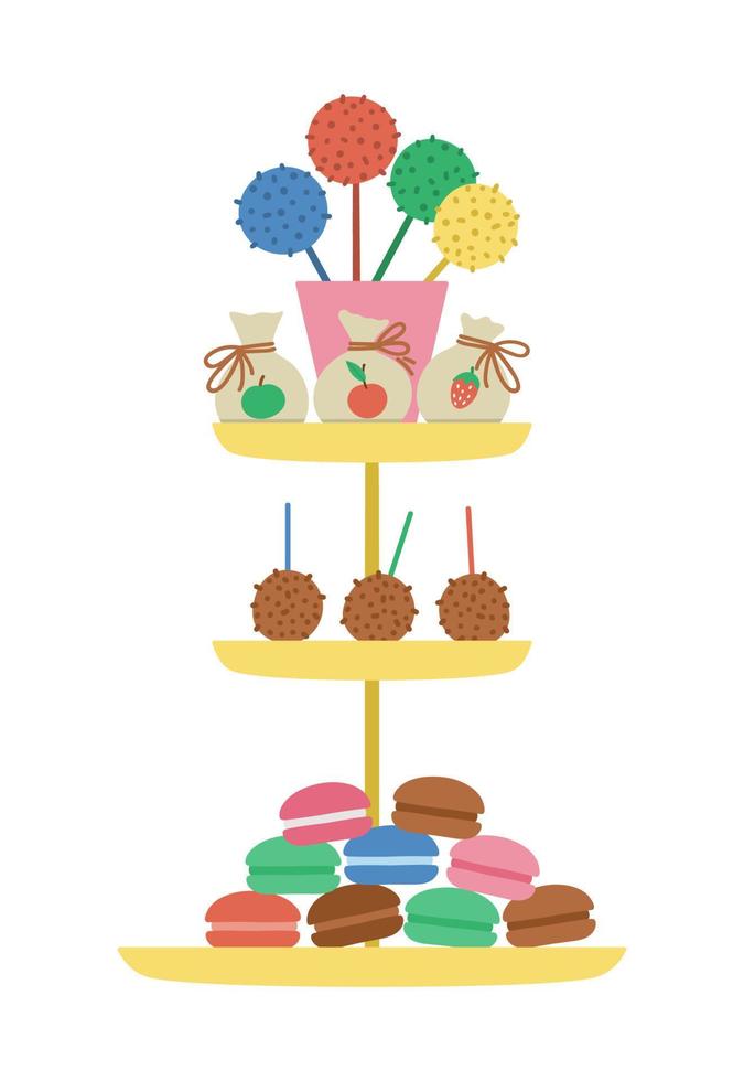 postres de cumpleaños vectoriales en soporte en capas. Linda celebración divertida tratar ilustración para tarjeta, póster, diseño de impresión. brillante concepto de vacaciones para niños con cake pops, macarrones, fruta. vector