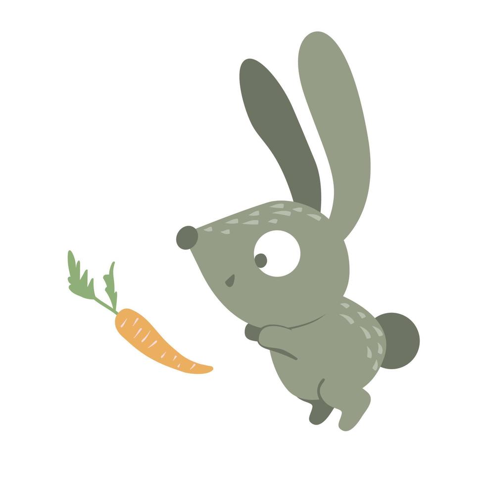 Vector cartoon style flat funny baby rabbit with carrot isolated on white background. Cute illustration of woodland animal. Little hare icon