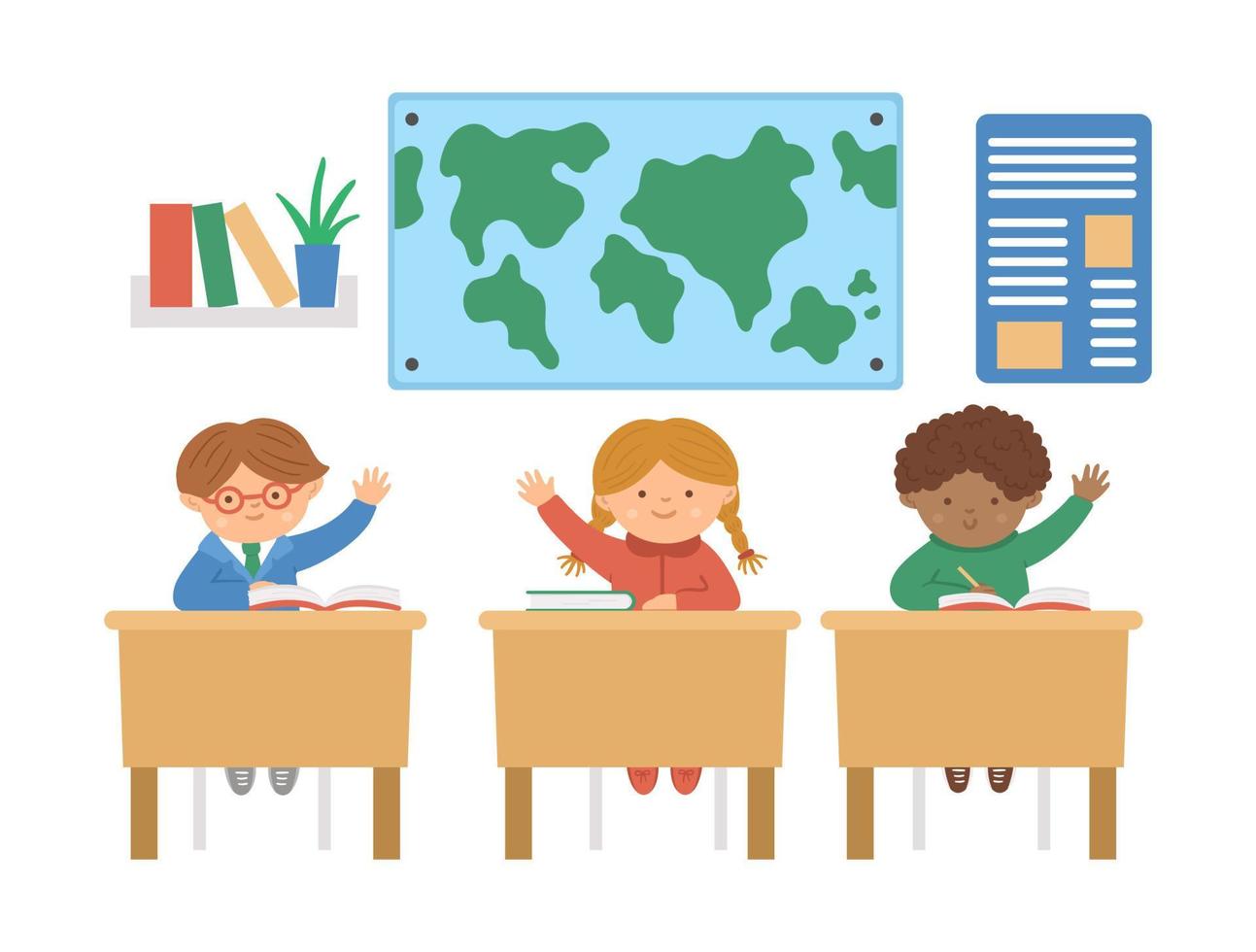 Vector cute happy schoolchildren sitting at the desks with hands up. Elementary school classroom illustration. Clever kids at the lesson. Boys and girl ready to answer teacher question.