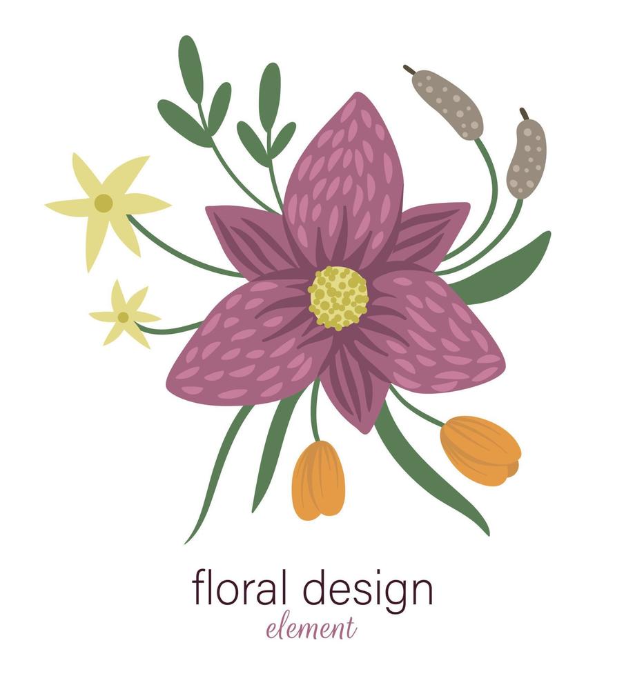 Vector floral round decorative element. Flat trendy illustration with flowers, leaves, branches, reeds, waterlilies. Swamp, woodland, forest clip art collection. Beautiful spring or summer bouquet