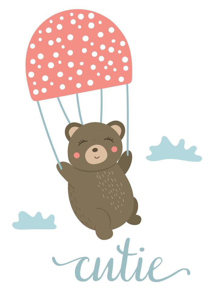 Vector cartoon style hand drawn flat bear flying on mushroom like parachute among the clouds. Funny scene with Teddy. Cute illustration of woodland animal for  print, stationery