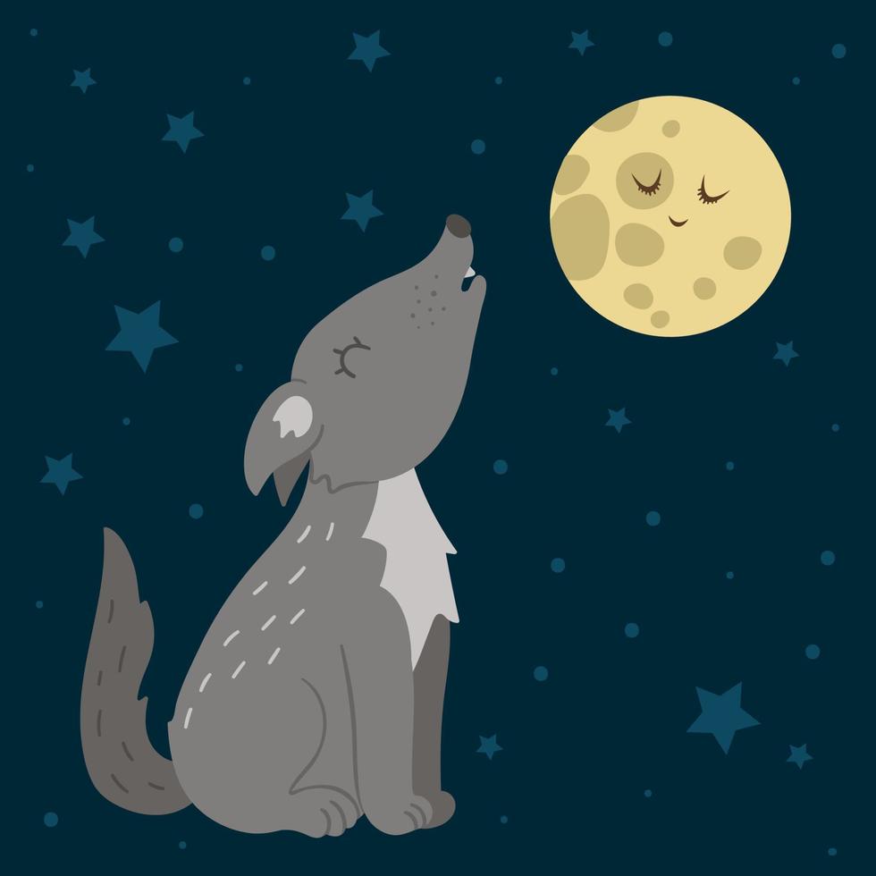 Vector hand drawn flat wolf howling at the moon. Funny night scene with woodland animal. Cute forest animalistic illustration for print, stationery