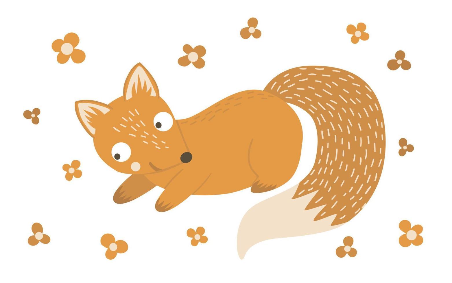 Vector hand drawn flat playing fox. Funny woodland animal. Cute forest animalistic illustration for print, stationery