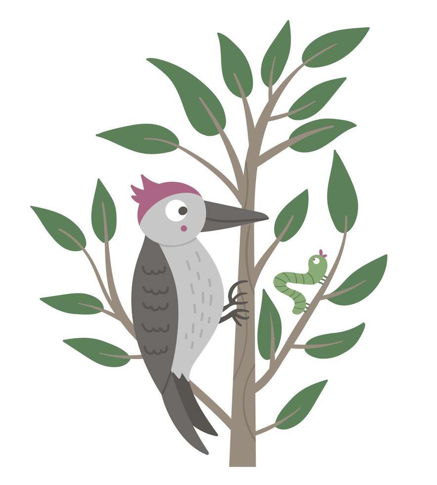 pájaro carpintero plano dibujado a mano vectorial sentado en el árbol y picoteándolo. escena divertida con pájaro del bosque. linda ilustración ornitológica del bosque para imprimir, papelería vector