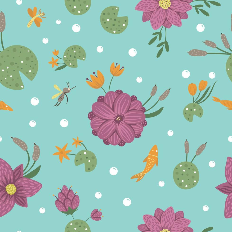 Vector seamless pattern of cartoon style flat funny waterlily, dragonfly, mosquito, reed on blue background. Cute repeat texture with woodland swamp theme. Ornament for children design.