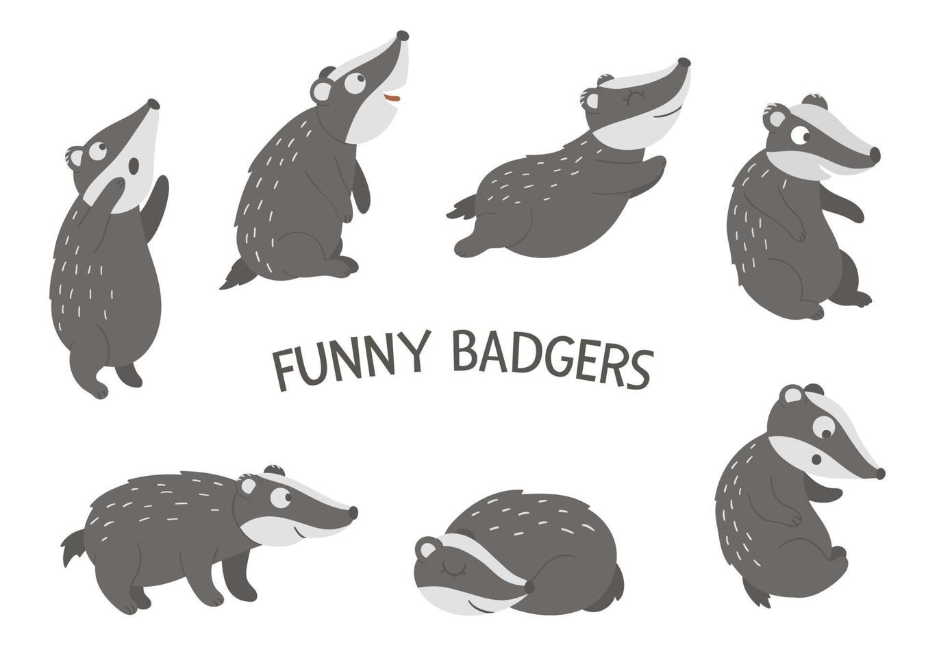 Vector set of cartoon style hand drawn flat funny badgers in different poses. Cute illustration of woodland animals for children design.