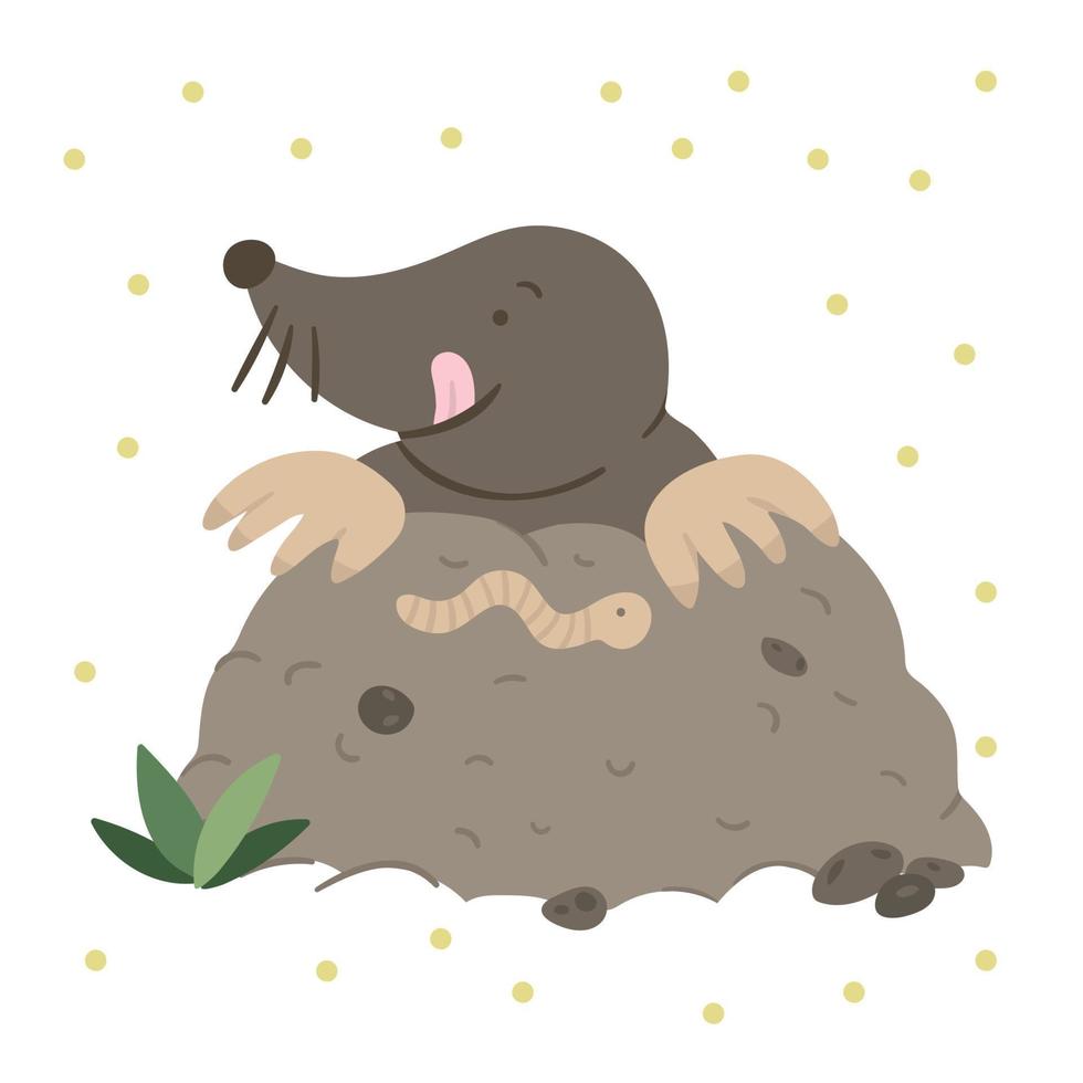 Vector hand drawn flat mole eating a worm. Funny woodland animal. Cute forest animalistic illustration for children design, print, stationery