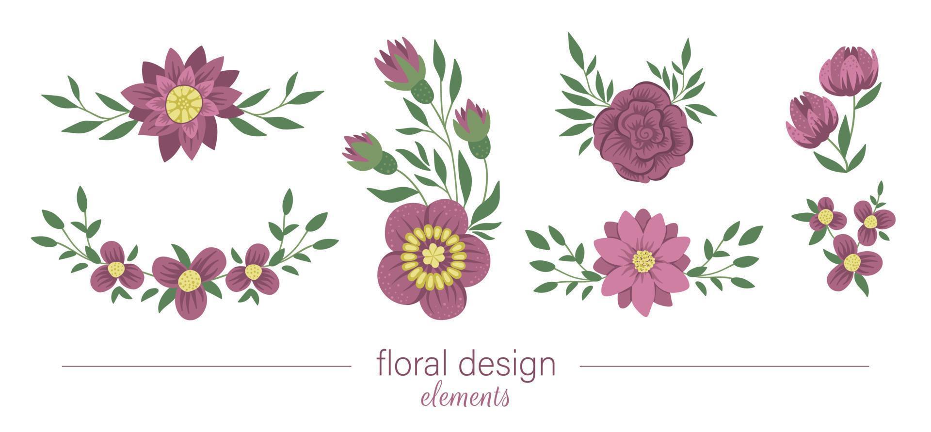 Set of vector floral horizontal and vertical decorative elements. Flat trendy illustration with flowers, leaves, branches. Meadow, woodland, forest clip art collection. Beautiful spring bouquet