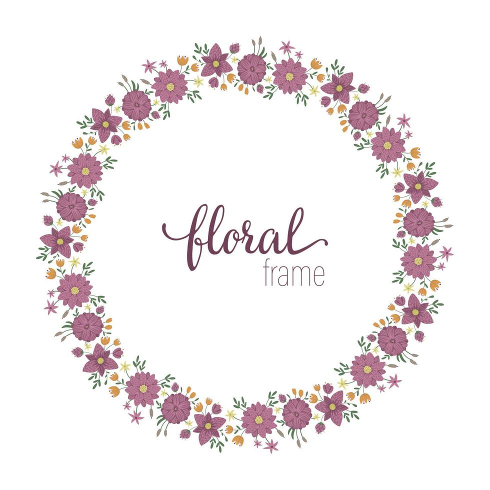 Vector frame template with flat trendy wild flowers with reeds on white background. Square layout card with place for text. Floral design for invitation, wedding, party, promo events.