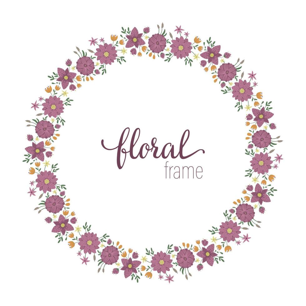 plantilla de marco vectorial con flores silvestres planas de moda con juncos sobre fondo blanco. tarjeta de diseño cuadrado con lugar para texto. diseño floral para invitación, boda, fiesta, eventos promocionales. vector