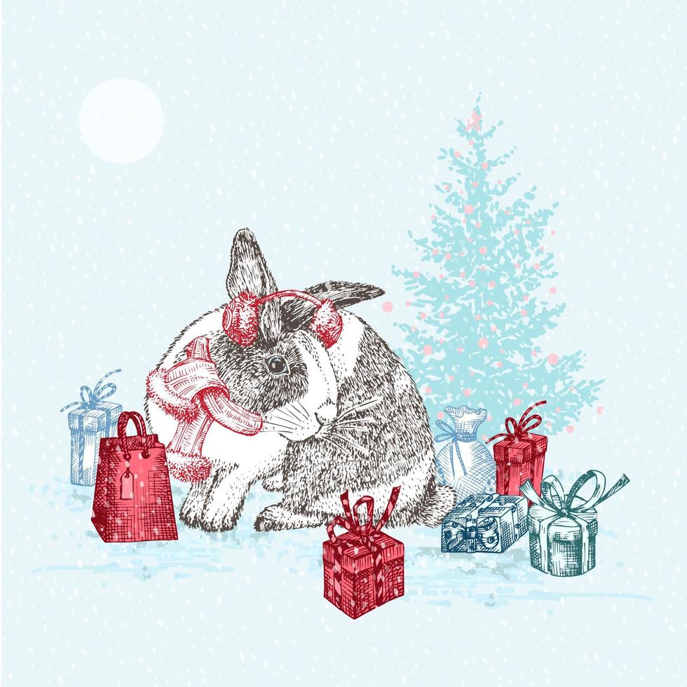 conejo dibujado a mano con sombrero de invierno rojo y bufanda. conejito símbolo año nuevo chino 2023. árbol de navidad, regalos, decoración. fondo nevado. tarjeta de vacaciones de navidad. diseño de estilo de grabado. vector