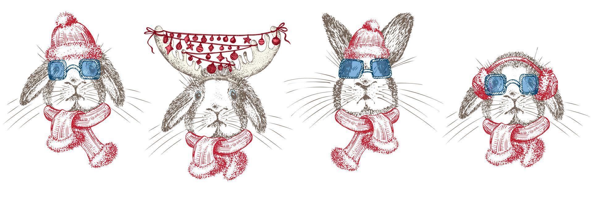 Hand drawn rabbit in red winter scarf, earmuffs, sunglasses. Bunny symbol Chinese New Year 2023. Christmas decort. Tattoo art. Black and white sketch engraving style design. Vector