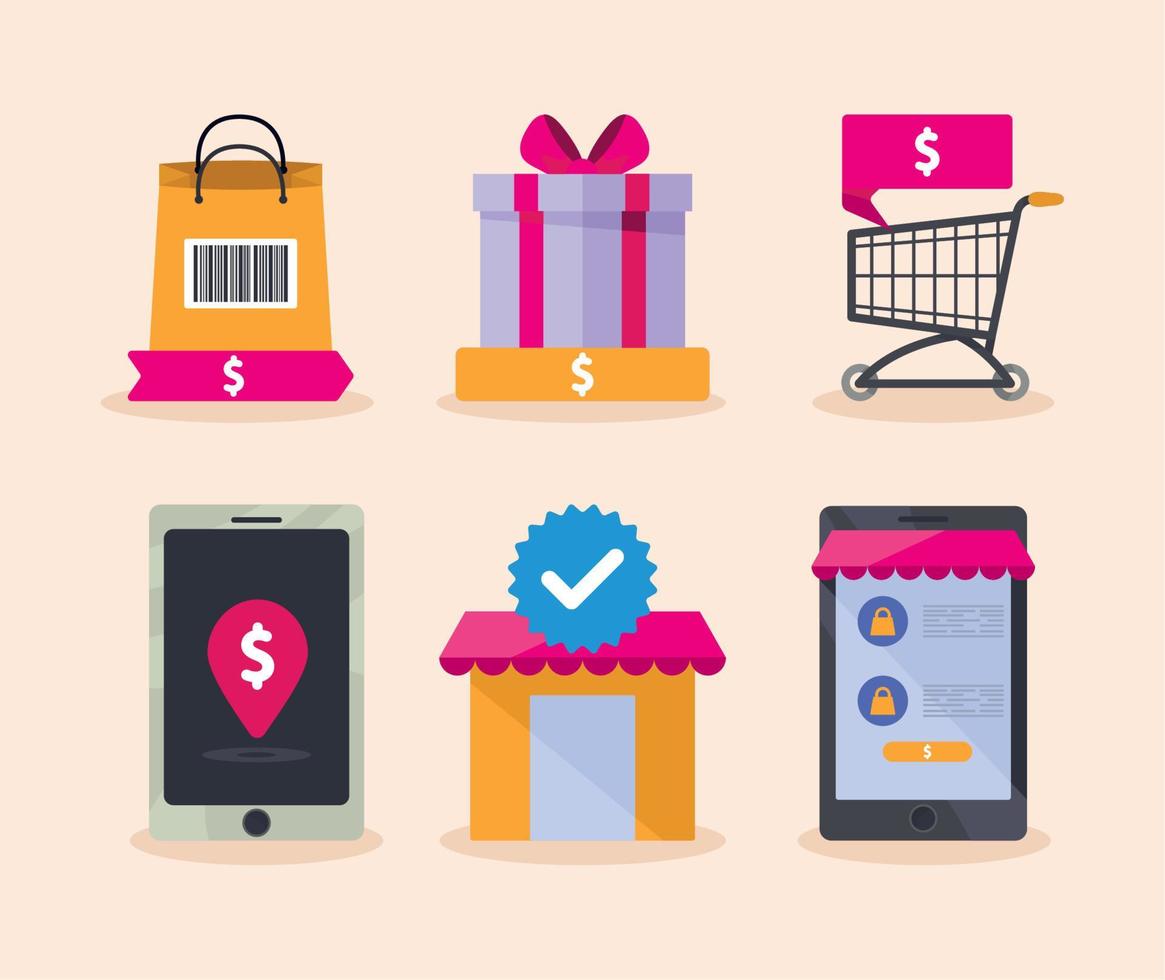 seis iconos de compras en línea vector