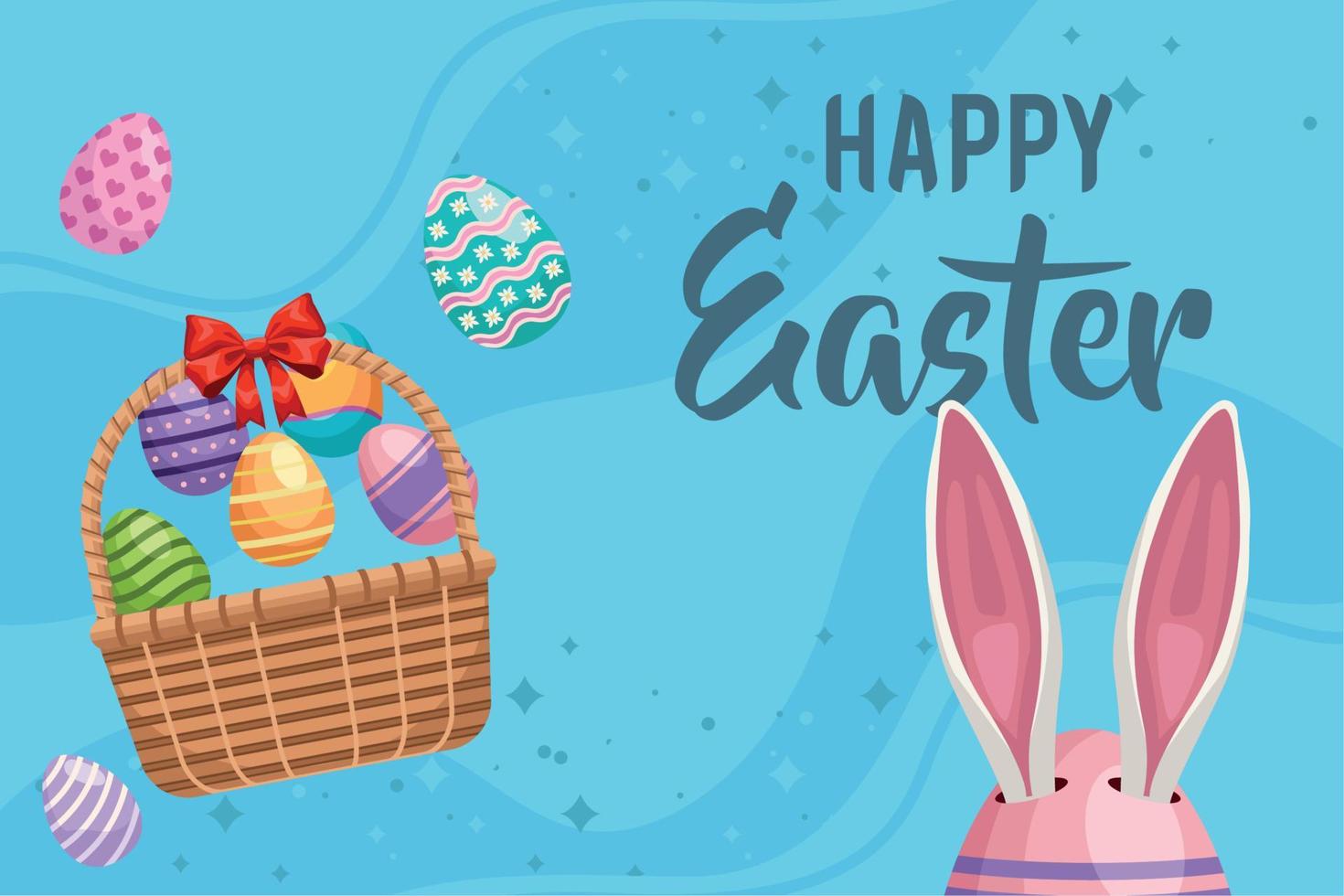 happy easter lettering with eggs basket vector