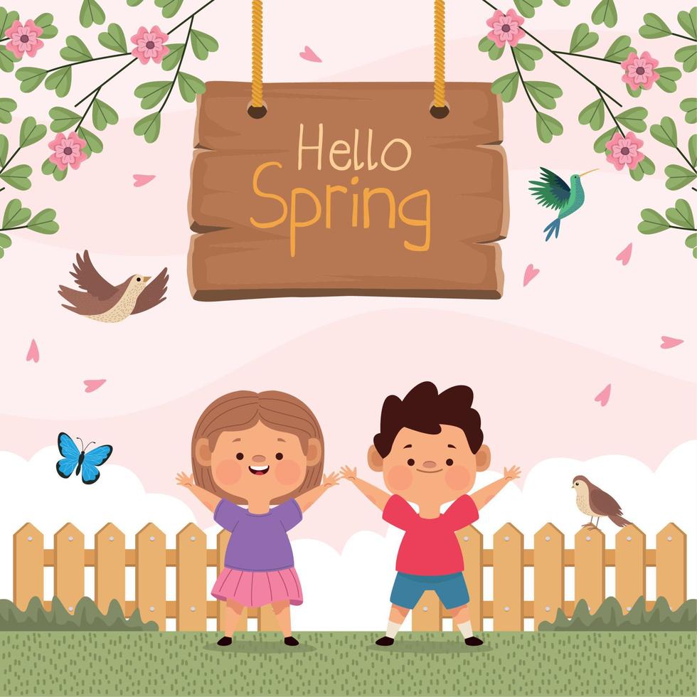 hola primavera y pareja de niños vector