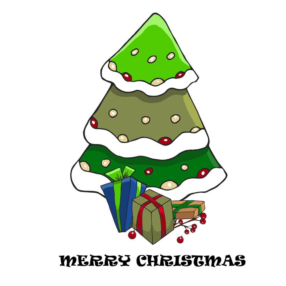 árbol de navidad y año nuevo con adornos navideños y cajas de regalo. ilustración vectorial tarjeta de felicitación. vector