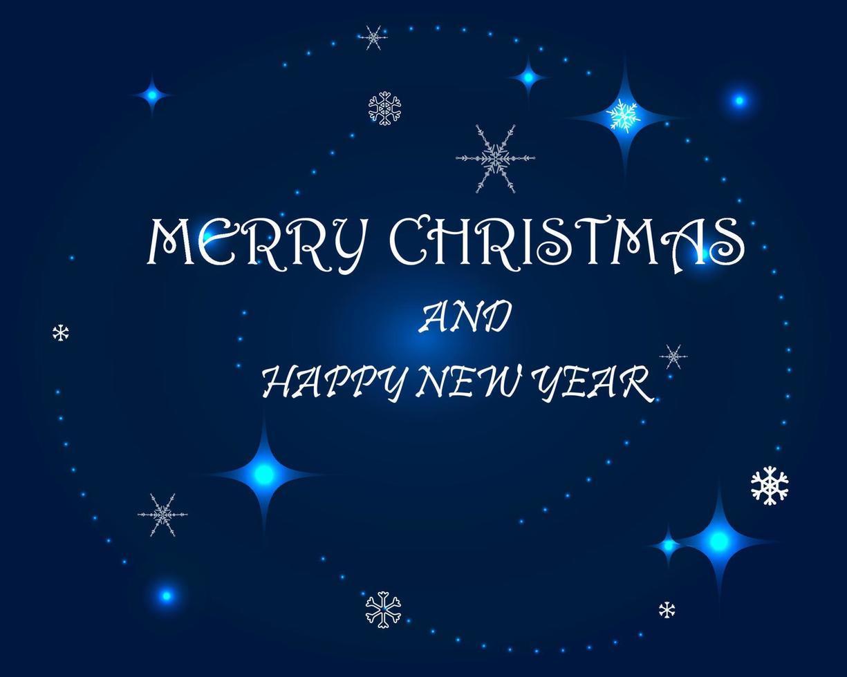 tarjeta de vector de vacaciones. copos de nieve y partículas luminosas sobre el fondo azul profundo. texto feliz navidad y feliz año nuevo.
