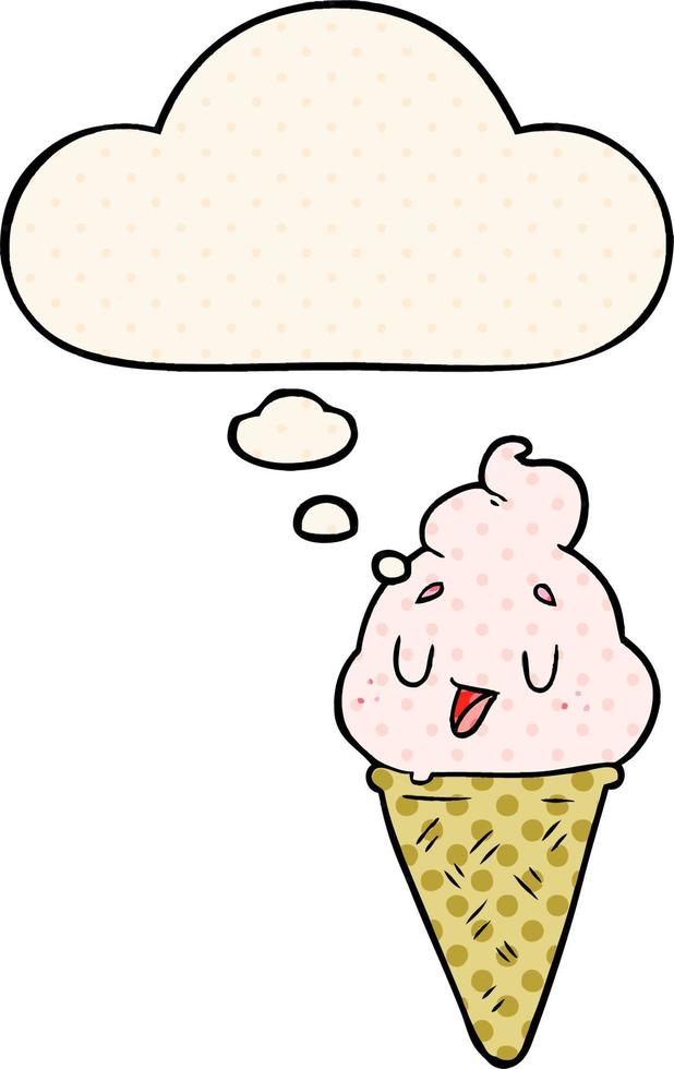 cute cartoon ice cream and thought bubble in comic book style vector