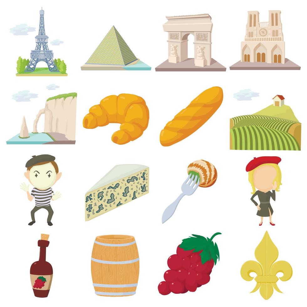 Conjunto de iconos de viaje de Francia, estilo de dibujos animados vector