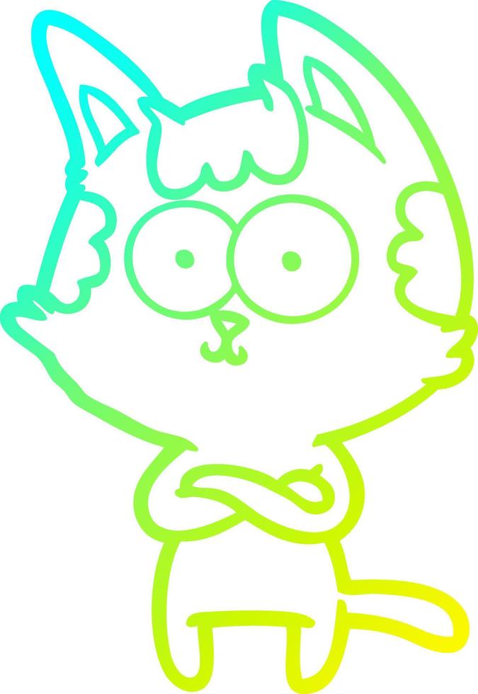 línea de gradiente frío dibujo feliz gato de dibujos animados con los brazos cruzados vector