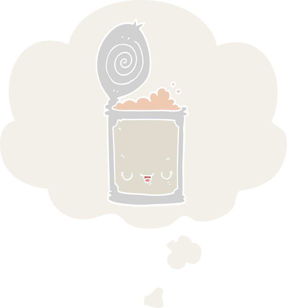 cartoon canned food and thought bubble in retro style vector