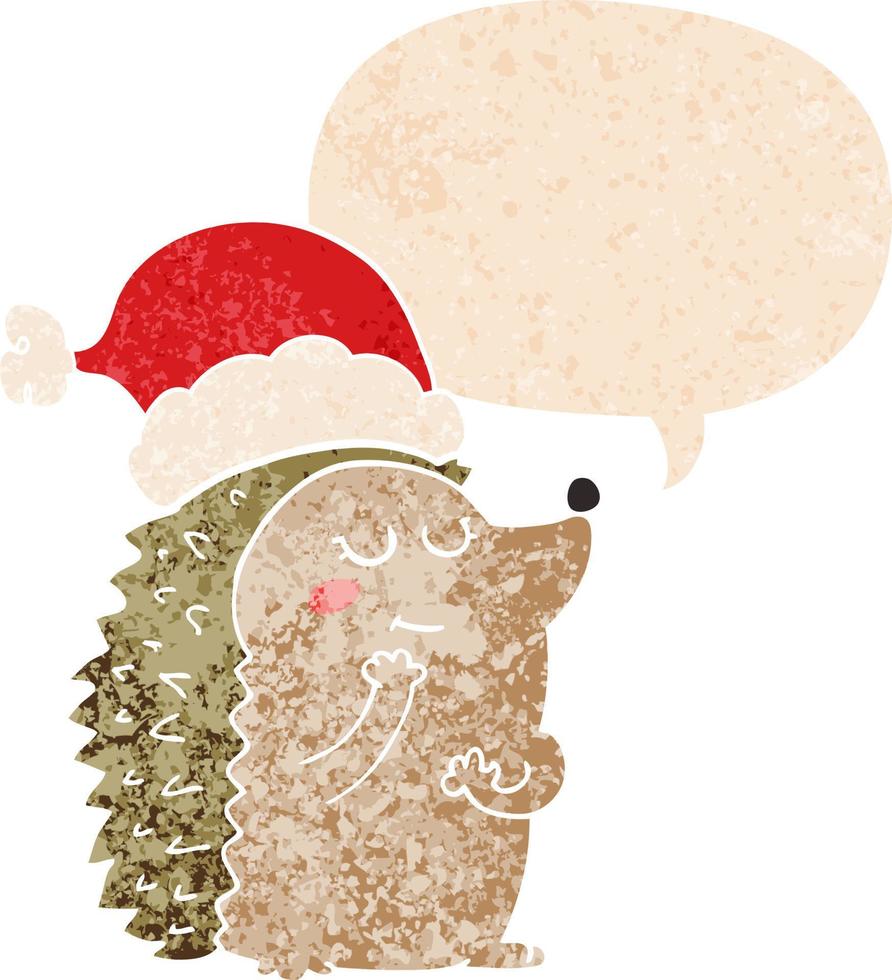 cartoon hedgehog wearing christmas hat and speech bubble in retro textured style vector