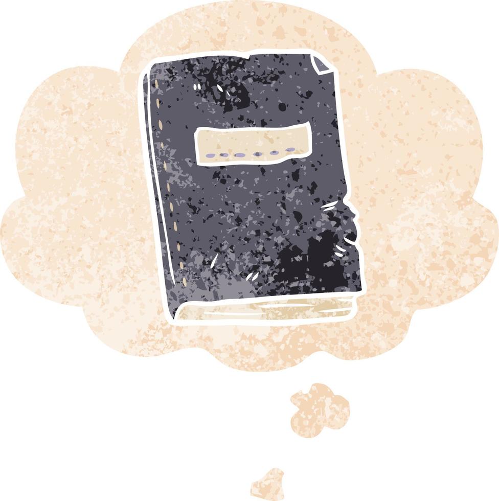 cartoon battered old notebook and thought bubble in retro textured style vector