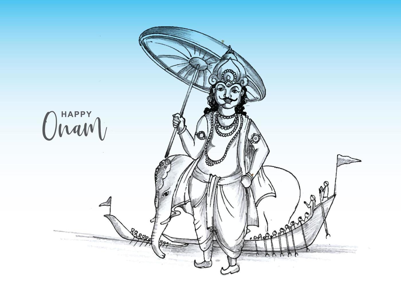 dibujar a mano feliz onam festival del sur de la india en el diseño de boceto de vacaciones de tarjeta vector