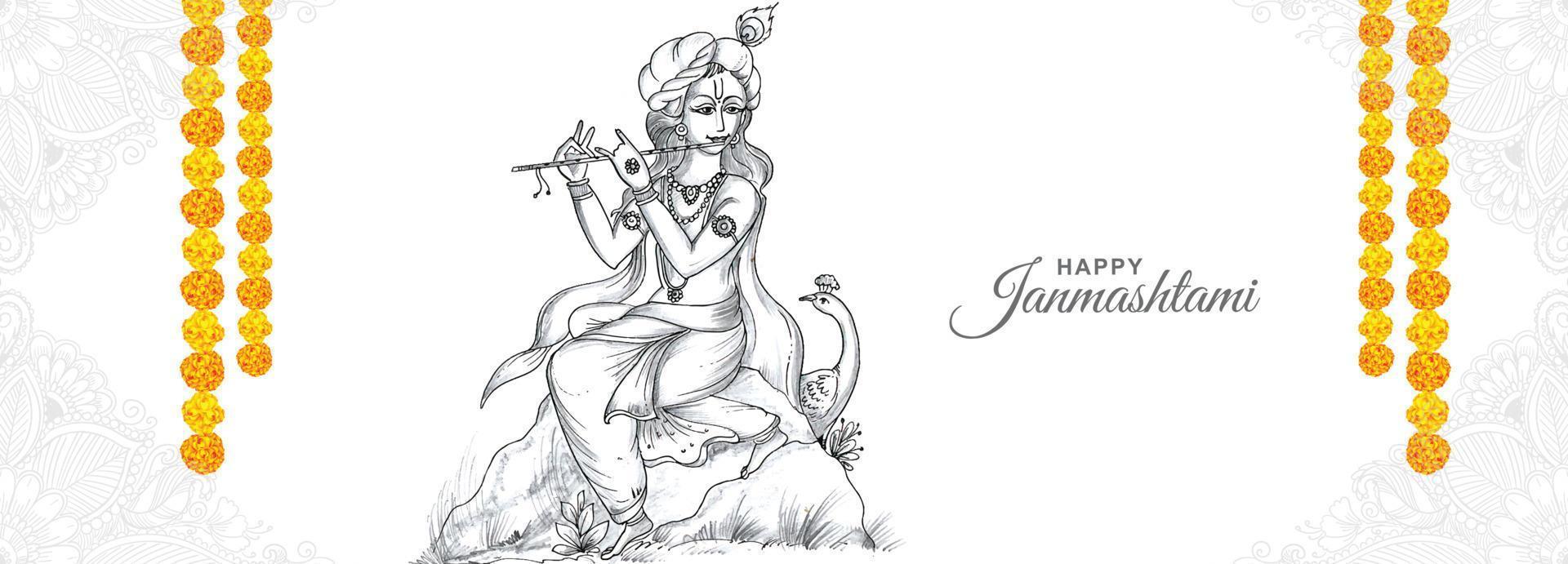 dibujar a mano boceto señor krishna en feliz fondo de banner janmashtami vector