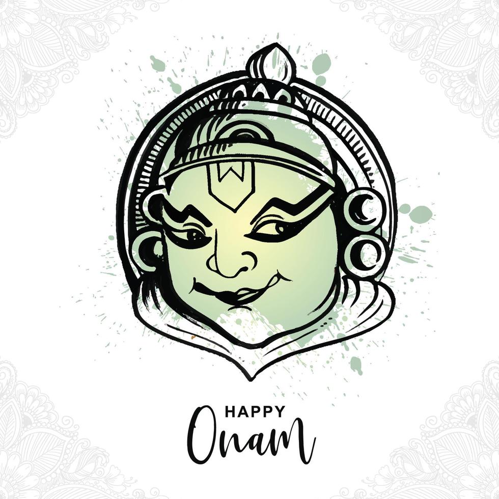 Hand draw happy onam kathakali face illustration on sketch design vector