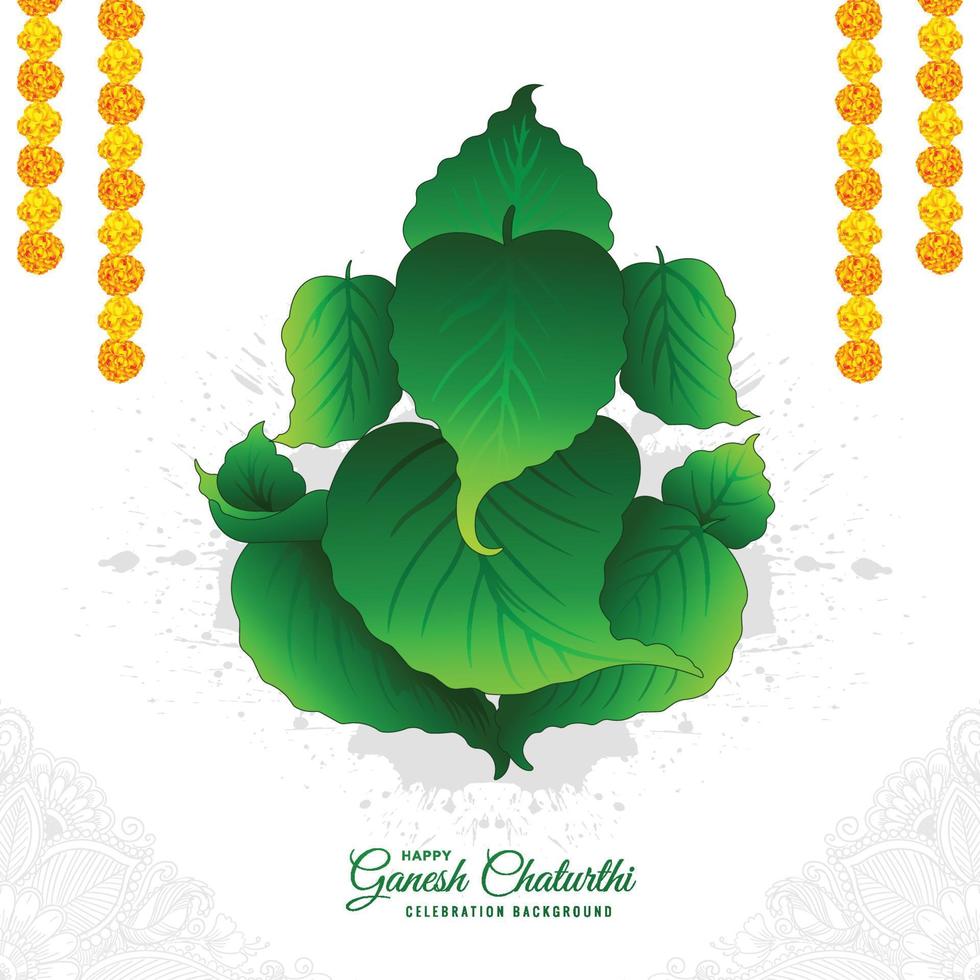 Lord ganpati on ganesh chaturthi beautiful green leaf holiday card background vector