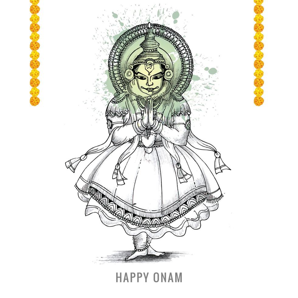 dibujar a mano feliz onam festival del sur de la india en el diseño de boceto de vacaciones de tarjeta vector