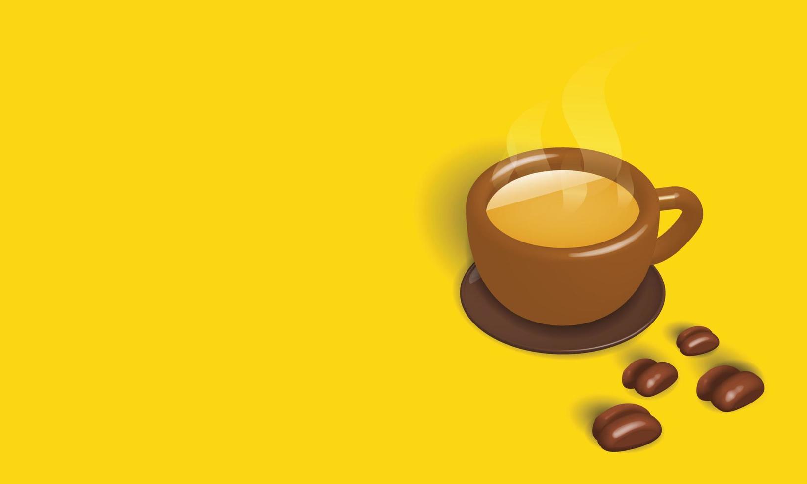 A brown cup with coffee inside is placed on a brown plate with coffee beans next to the coffee cup. yellow background vector