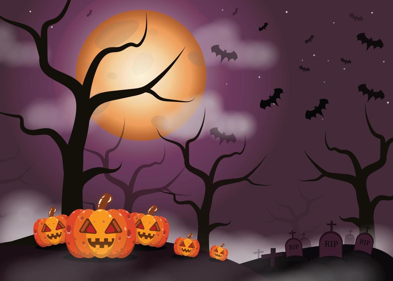 Halloween has an orange round moon. Devil's Pumpkin Below the Leafless Tree Gravestone and cross on the side bats flying in the sky In the picture, there are clouds and fog covered. vector