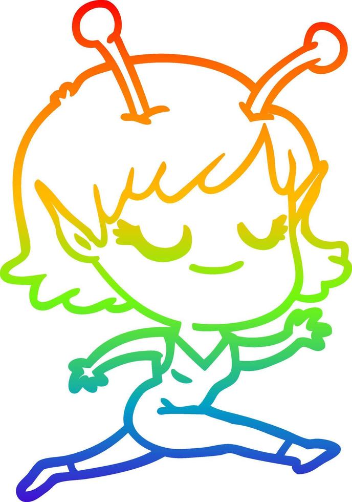 rainbow gradient line drawing smiling alien girl cartoon running vector