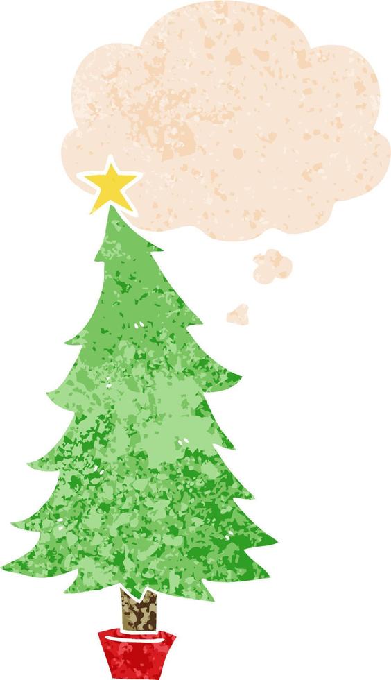 cartoon christmas tree and thought bubble in retro textured style vector