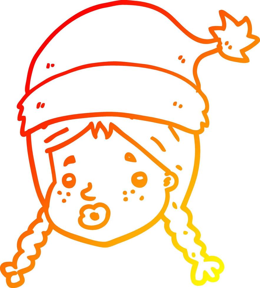 warm gradient line drawing cartoon girl wearing christmas hat vector