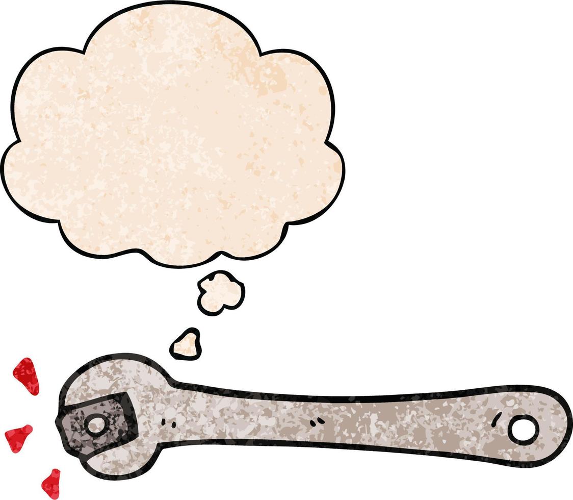 cartoon spanner turning nut and thought bubble in grunge texture pattern style vector