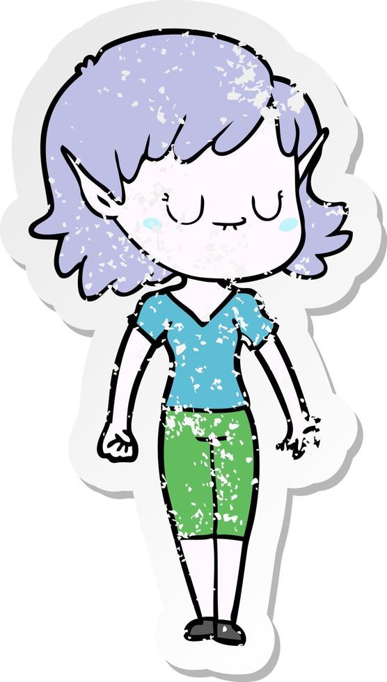 distressed sticker of a happy cartoon elf girl vector