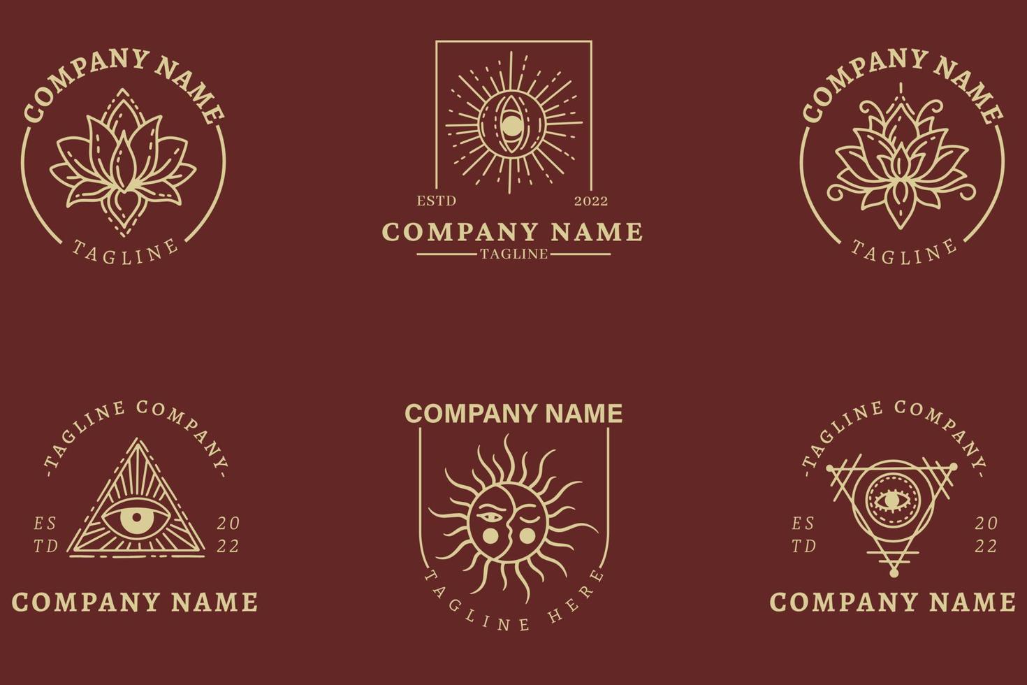 Mystical Luxury Gold Minimalist Symbol Logo Collection Dark Red Pastel Style. vector