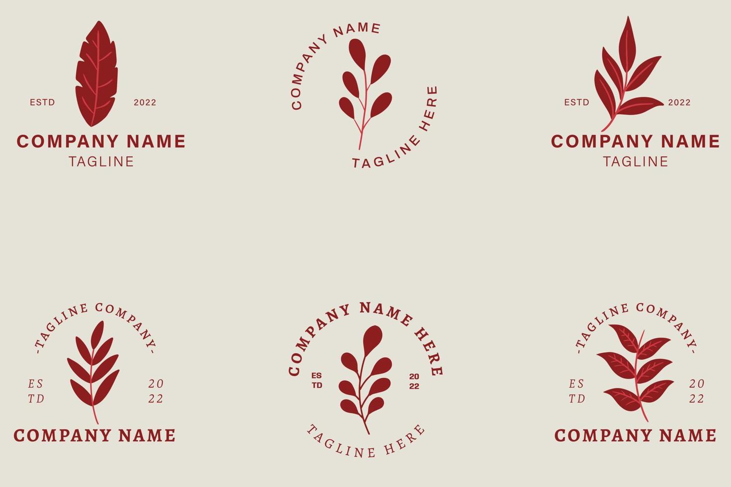 Minimalist Luxury Dark Red Leaf Leaves Tropical Logo Collection Style Gray Pastel. vector