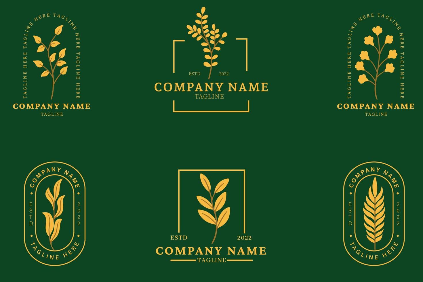 Minimalist Gold Leaf Leaves Tropical Logo Collection Template  Style Dark Green Pastel. vector