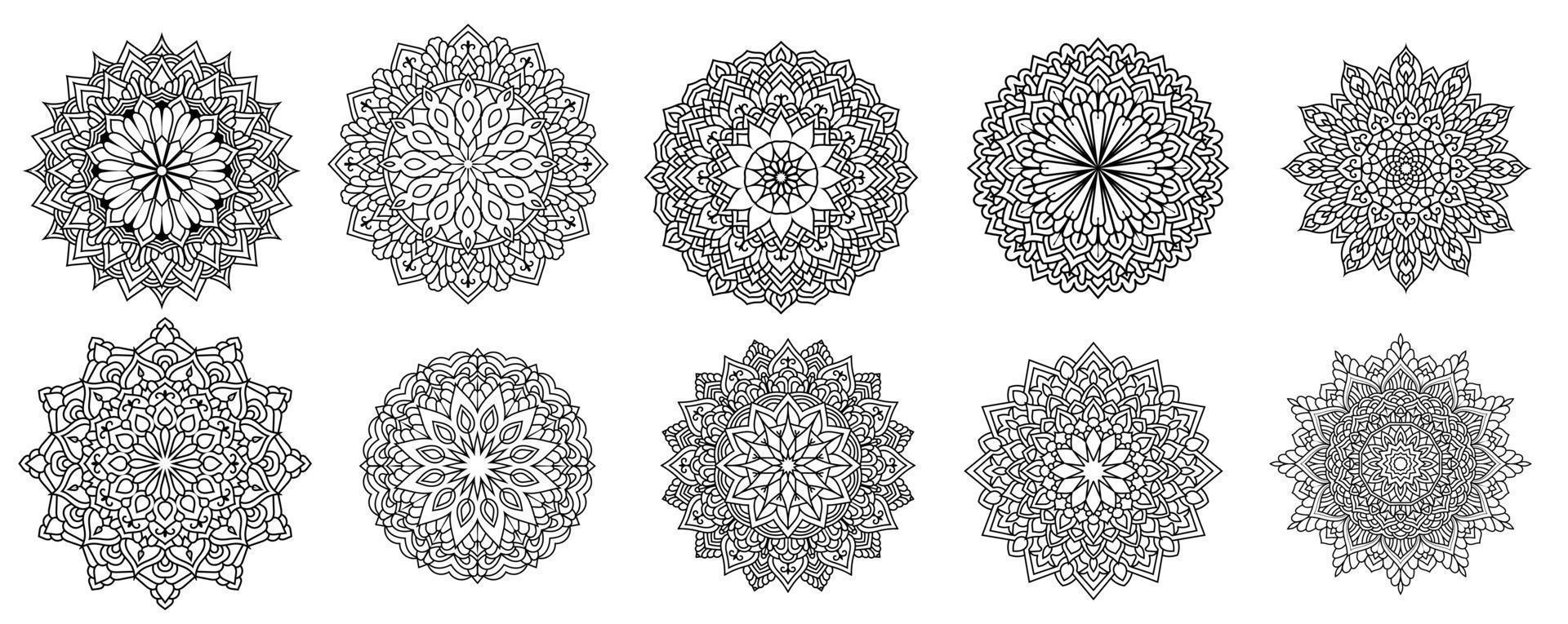 paquete vectorial de mandala floral de 10, juego redondo de adorno con un mandala, elementos decorativos antiguos. patrón oriental, ilustración vectorial. islam, arábica, turco, pakistán, chino, paquete de mandala vector