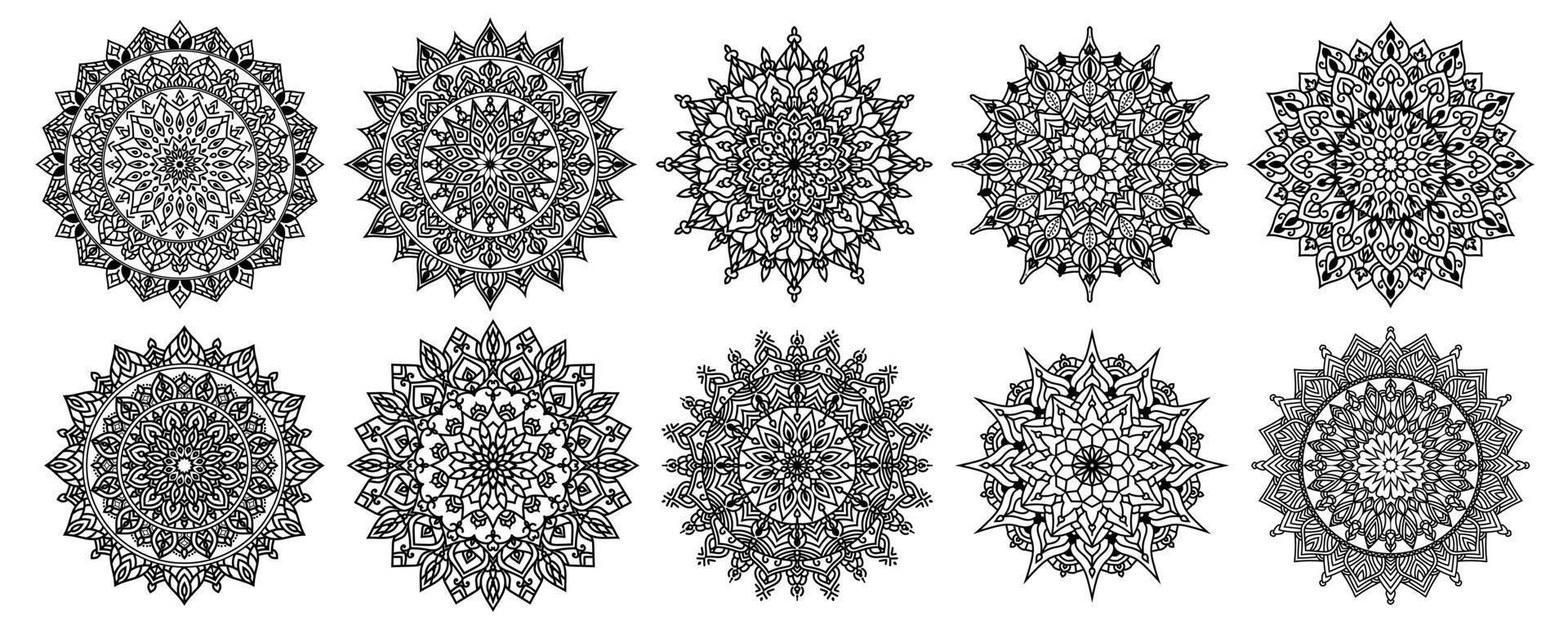 paquete vectorial de mandala floral de 10, juego redondo de adorno con un mandala, elementos decorativos antiguos. patrón oriental, ilustración vectorial. islam, arábica, turco, pakistán, chino, paquete de mandala vector