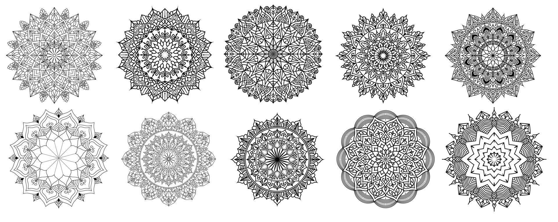 paquete vectorial de mandala floral de 10, juego redondo de adorno con un mandala, elementos decorativos antiguos. patrón oriental, ilustración vectorial. islam, arábica, turco, pakistán, chino, paquete de mandala vector