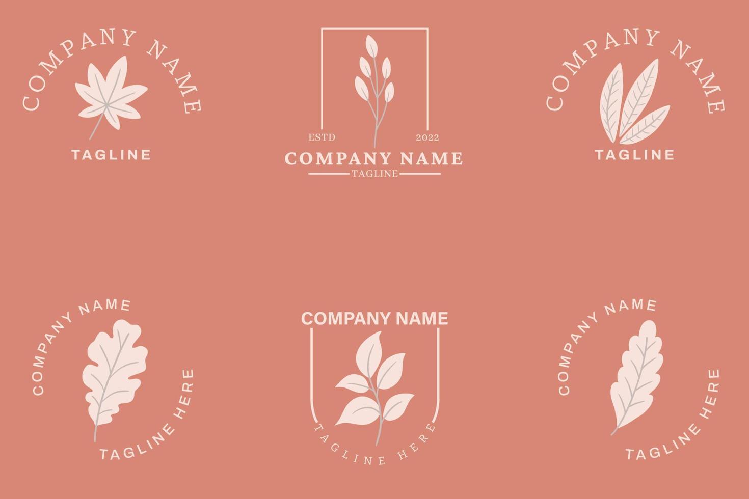 Minimalist Gray Leaf Leaves Tropical Logo Collection Style Dark Pink Pastel. vector