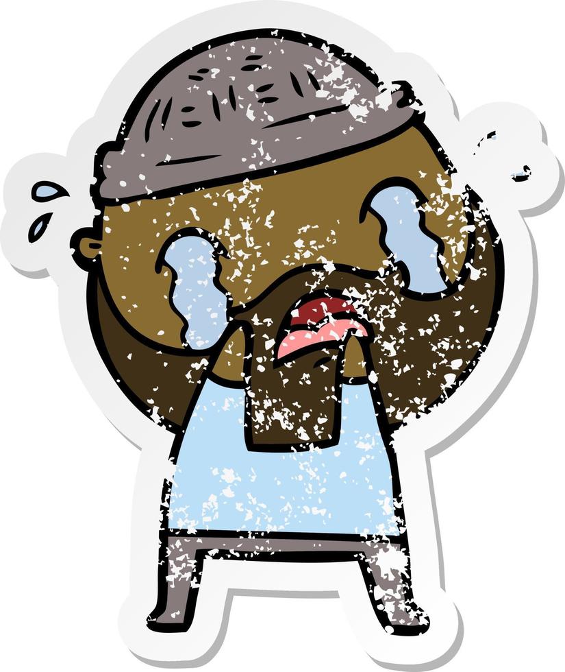 distressed sticker of a cartoon bearded man crying vector