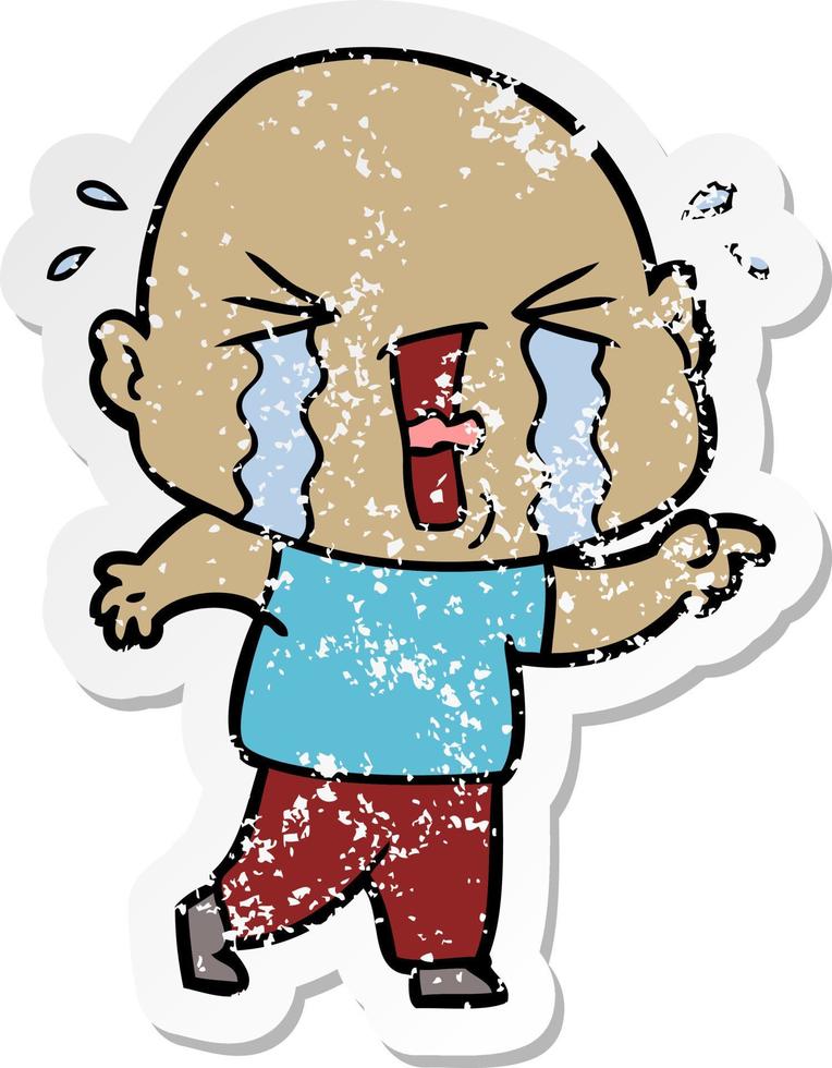 distressed sticker of a cartoon crying bald man vector