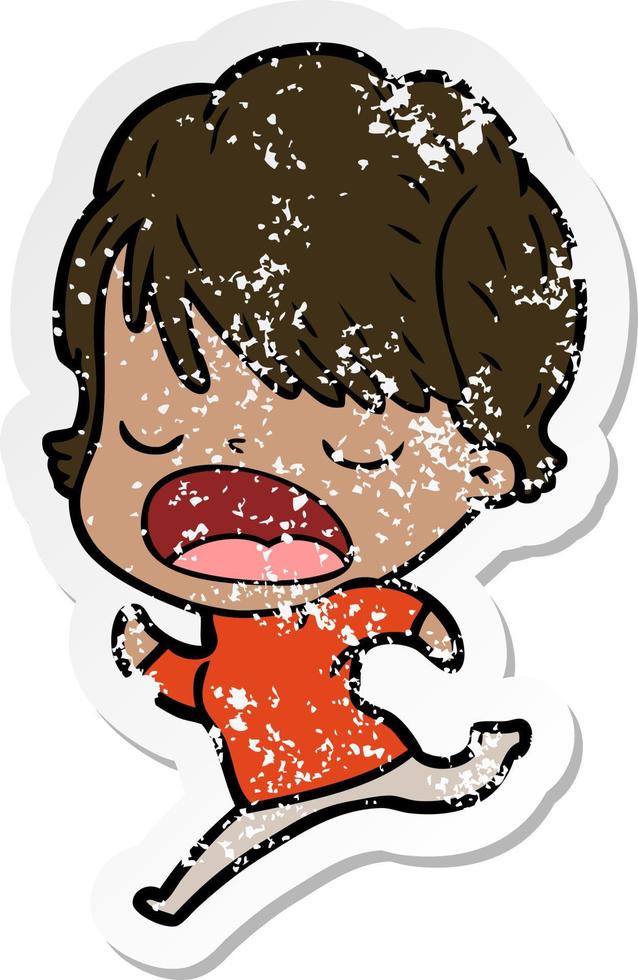 distressed sticker of a cartoon woman talking vector