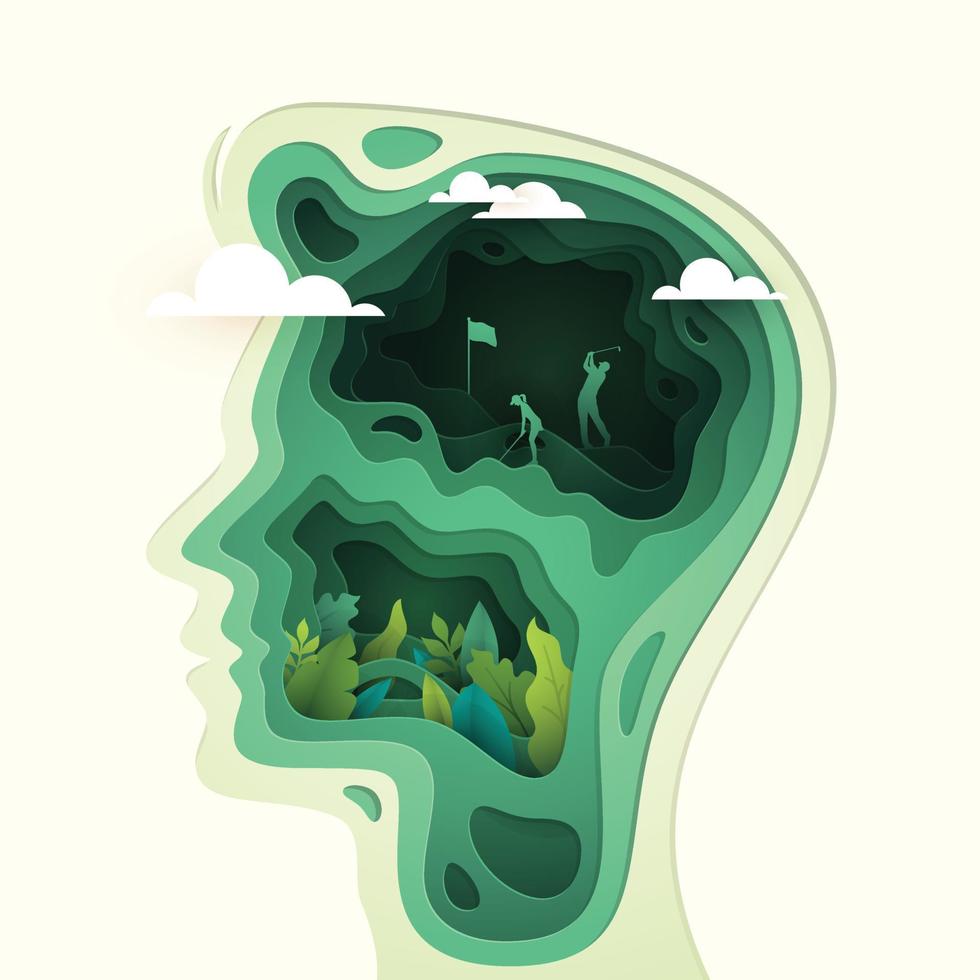 Paper cut layered human head with men golf player hitting the ball, business or mind psychology concept vector